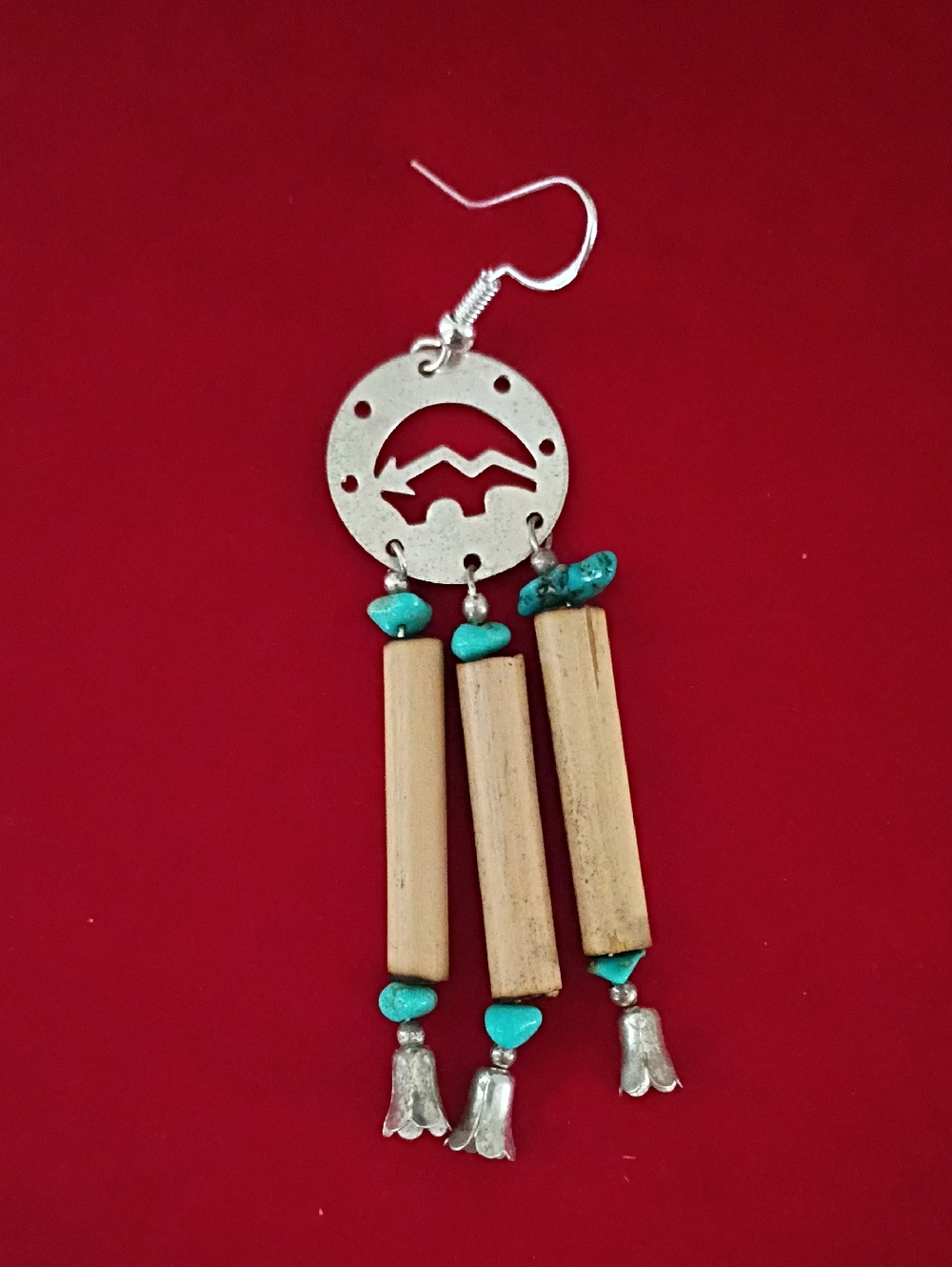 Native American Earrings  Silver Pllated Buffalo, Tulip And Turquoise Beads - Picture 9 of 11